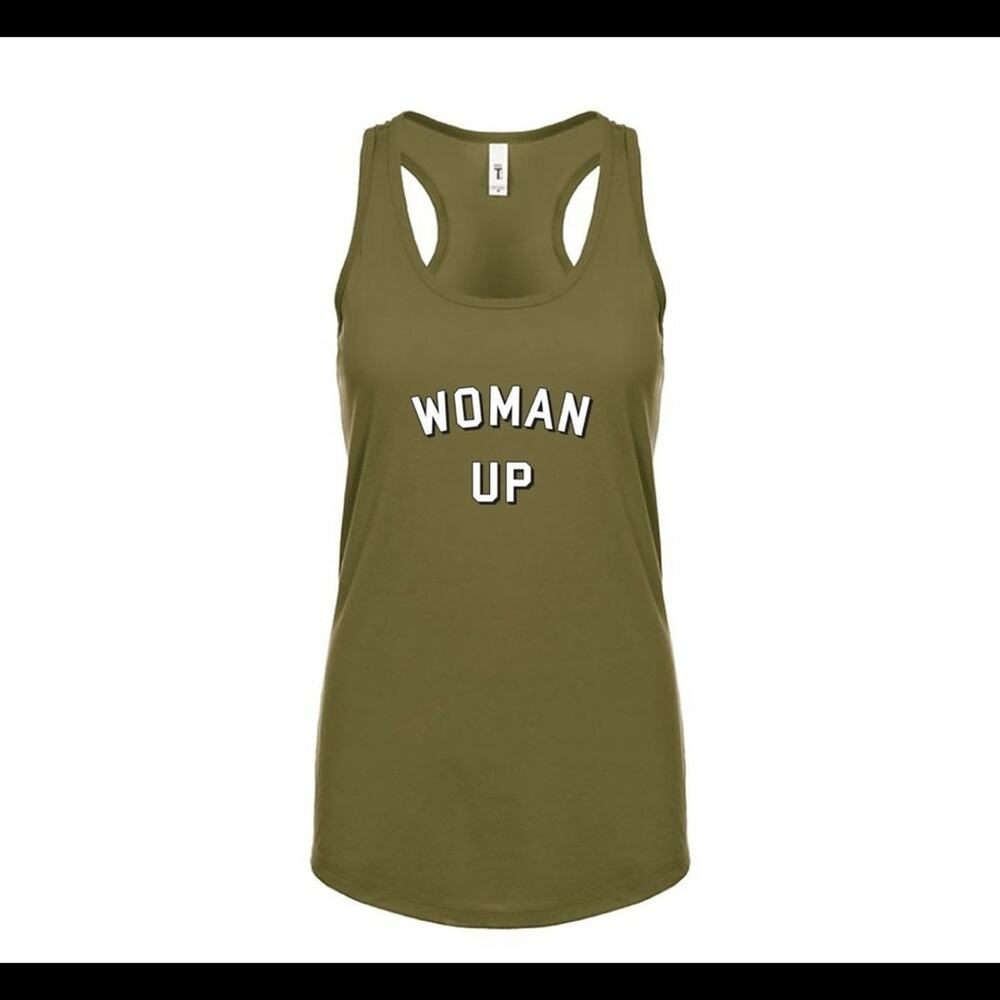 Muscle box army green Woman Up racerback athletic tank top yoga training SZ Med